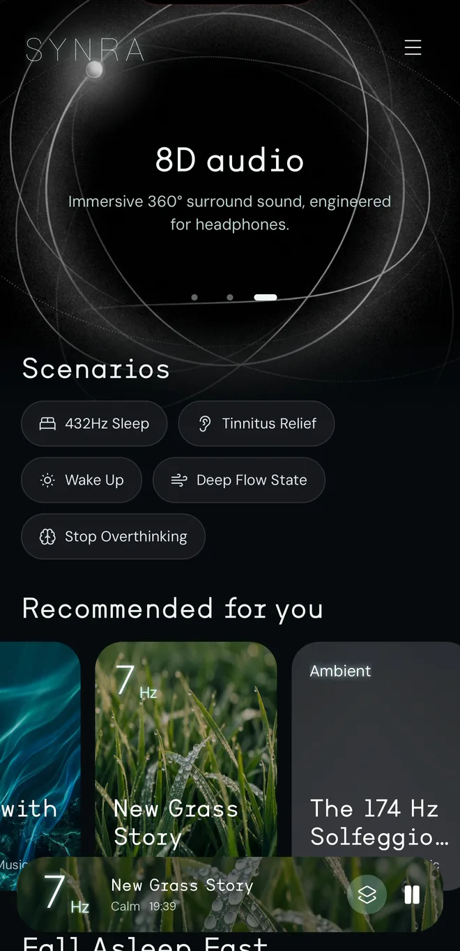Synra home screen with the 8D audio collection