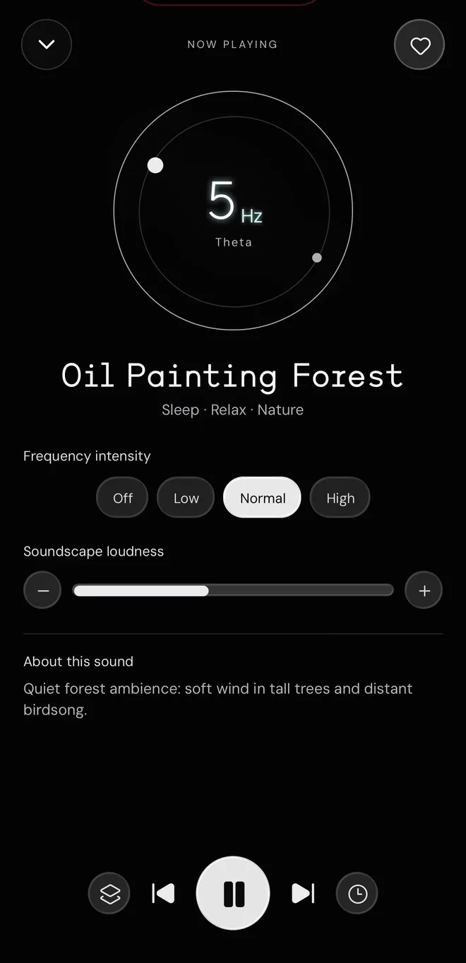 Synra player: Oil Painting Forest, 5 Hz Theta, with frequency intensity and soundscape loudness controls